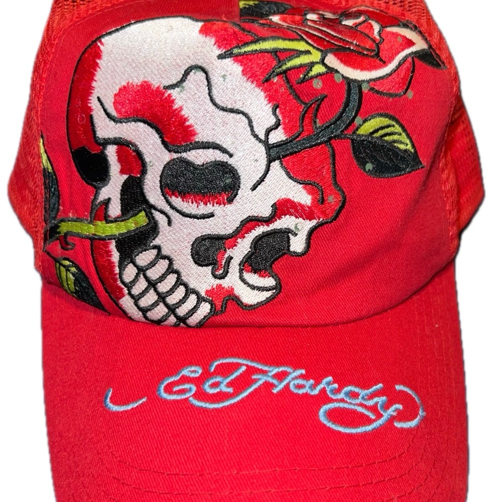 Ed Hardy Red Skull & Rose Embroidered Baseball Cap